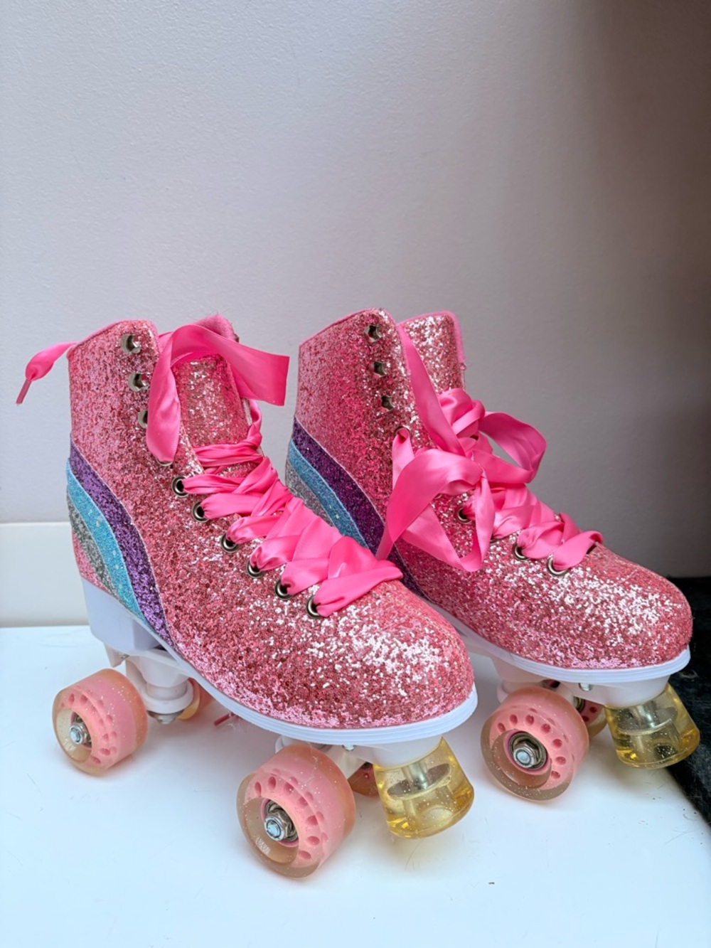 Dolls Kill Pink Glitter Rainbow Stripe Roller Skates